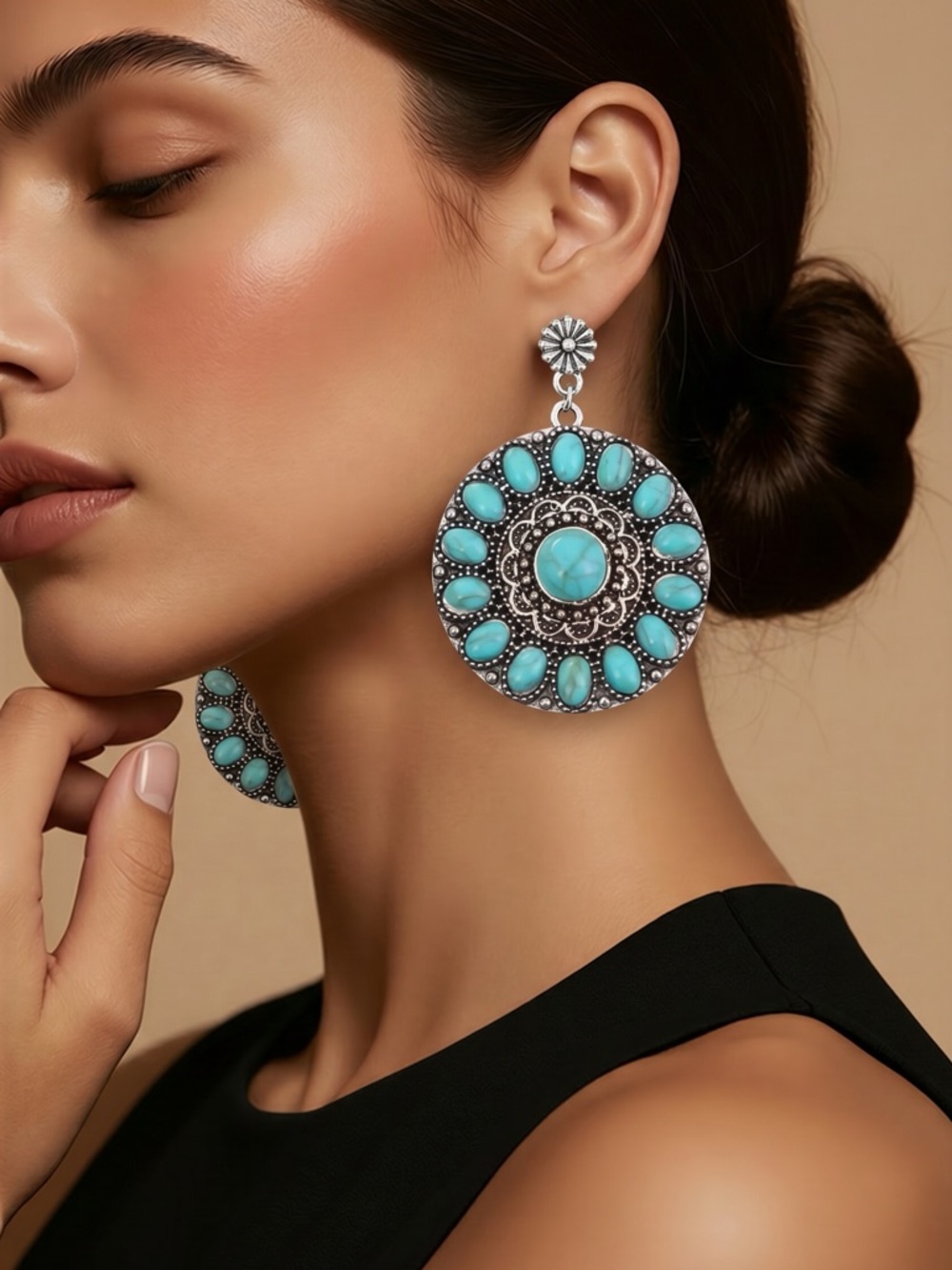 NWT Exaggerated Round Carved Faux Turquoise Earrings Boho. 1st pic a stock only